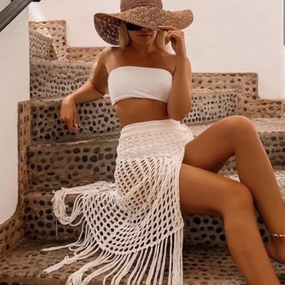 White Fringe Crochet Boho Beach Skirt Coverup